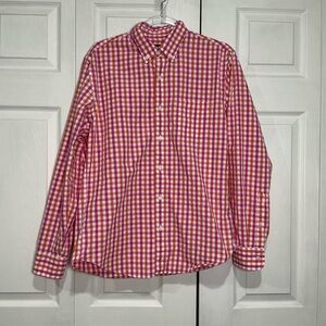 🩷 J. Crew Men’s Pink Orange and White Plaid Button Down Shirt - Medium